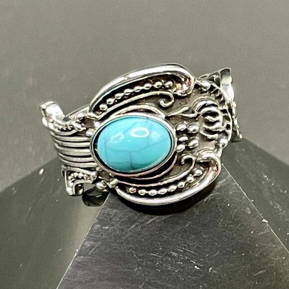 Boho Rose and Flowers with Faux Turquoise Adjustable Spoon Ring #1221 - Picture 7 of 16